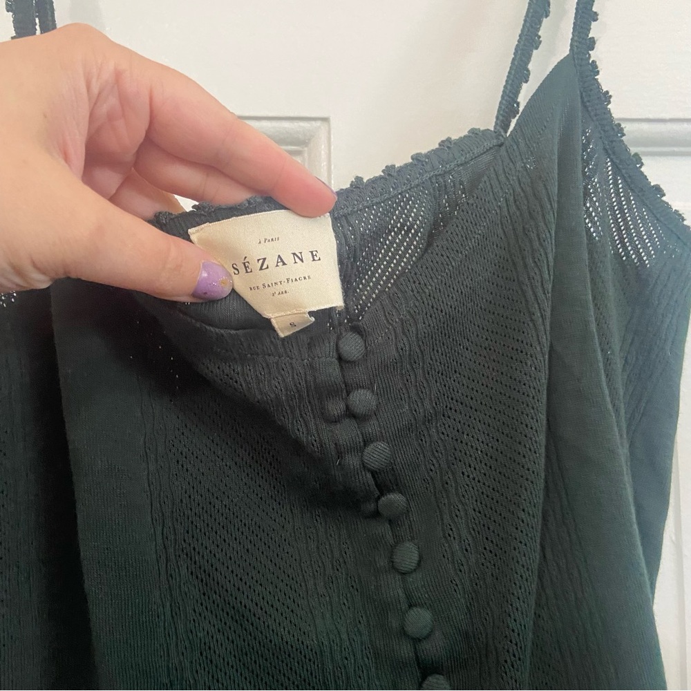 Sezane Many Knit Camisole Pointelle Button Front - Dark Green - Picture 7 of 8